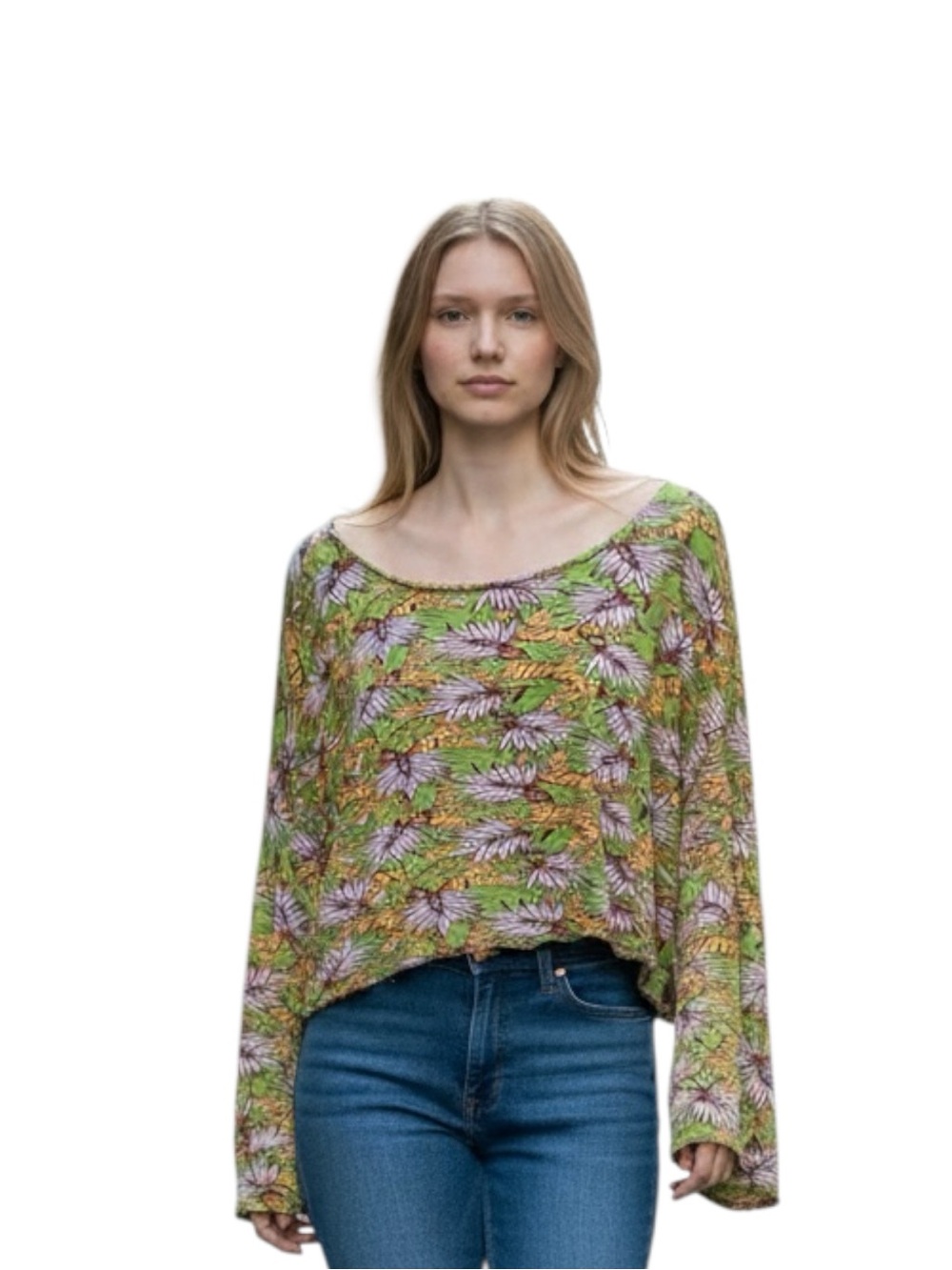 Compania Fantastica Floral Tiger Boatneck Top Green & Lavender Size L